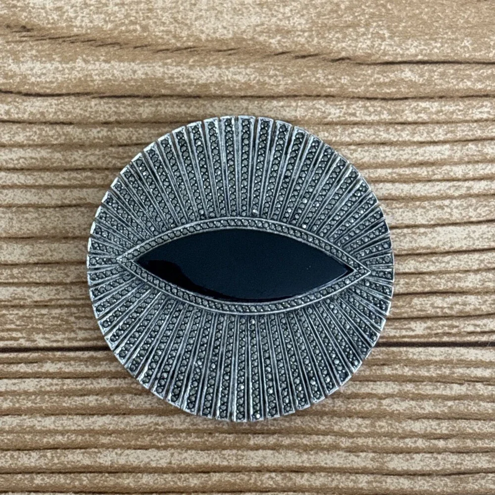 Vintage Art Deco KD Sterling Silver Brooch Onyx Marcasite 1940's Abstract Eye